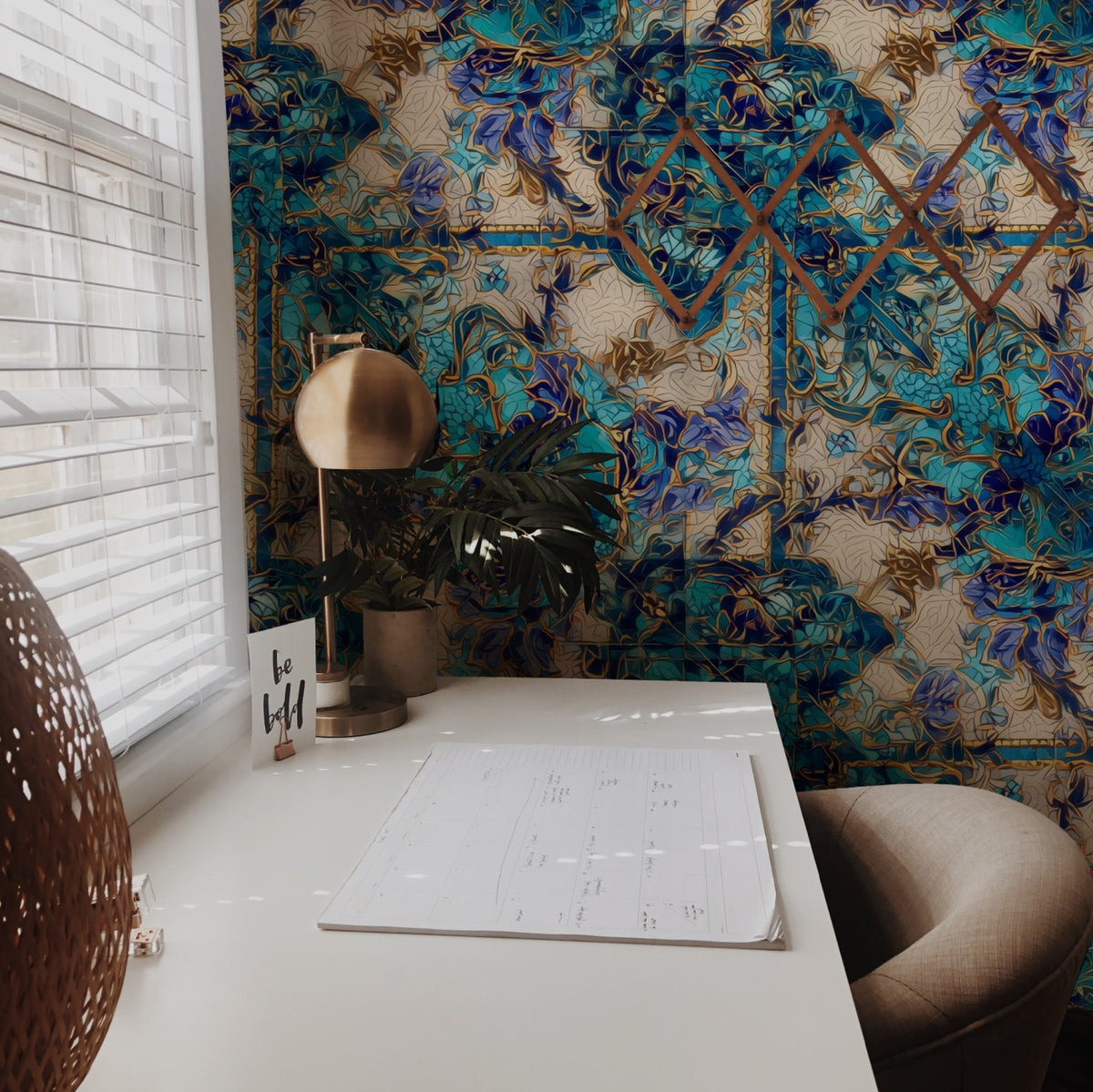 Turquoise Mosaic large scale wallpaper in a styled room