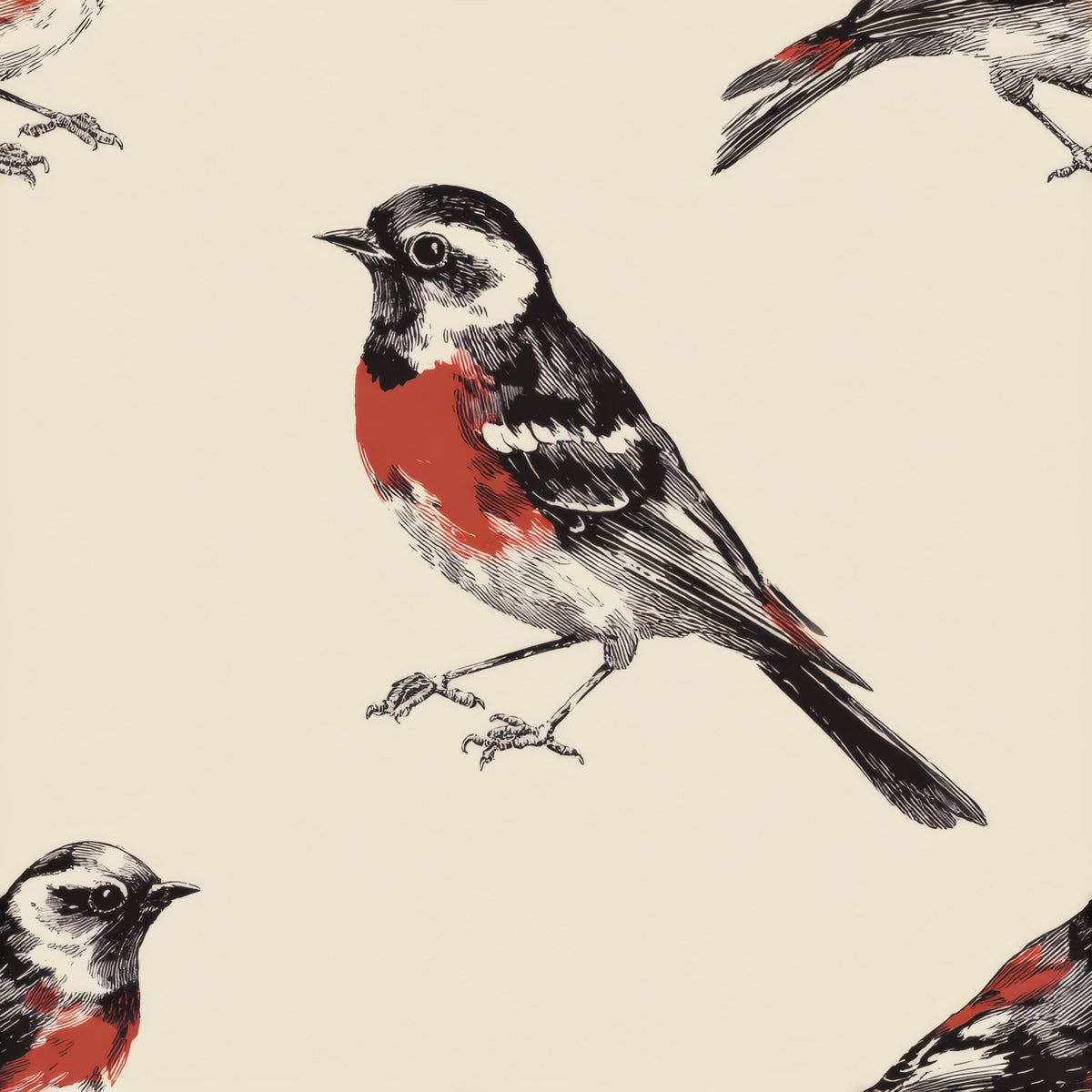 Folk-style sketched cardinal with a red breast repeating on a warm cream ground.
