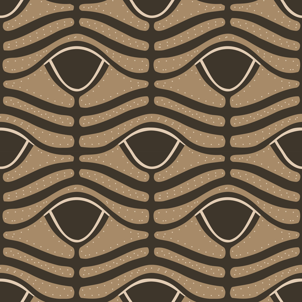 Wavy tobacco bands stippled with parchment dots around dark almond-shaped eyes on a deep umber ground.