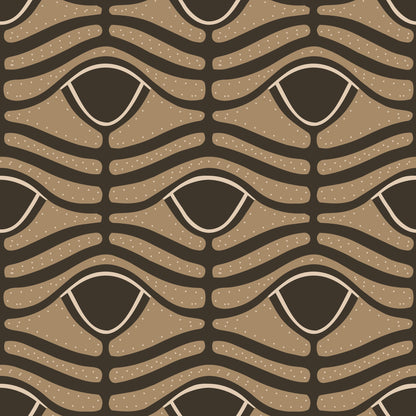 Wavy tobacco bands stippled with parchment dots around dark almond-shaped eyes on a deep umber ground.