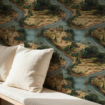 Village Map large scale wallpaper in a styled room