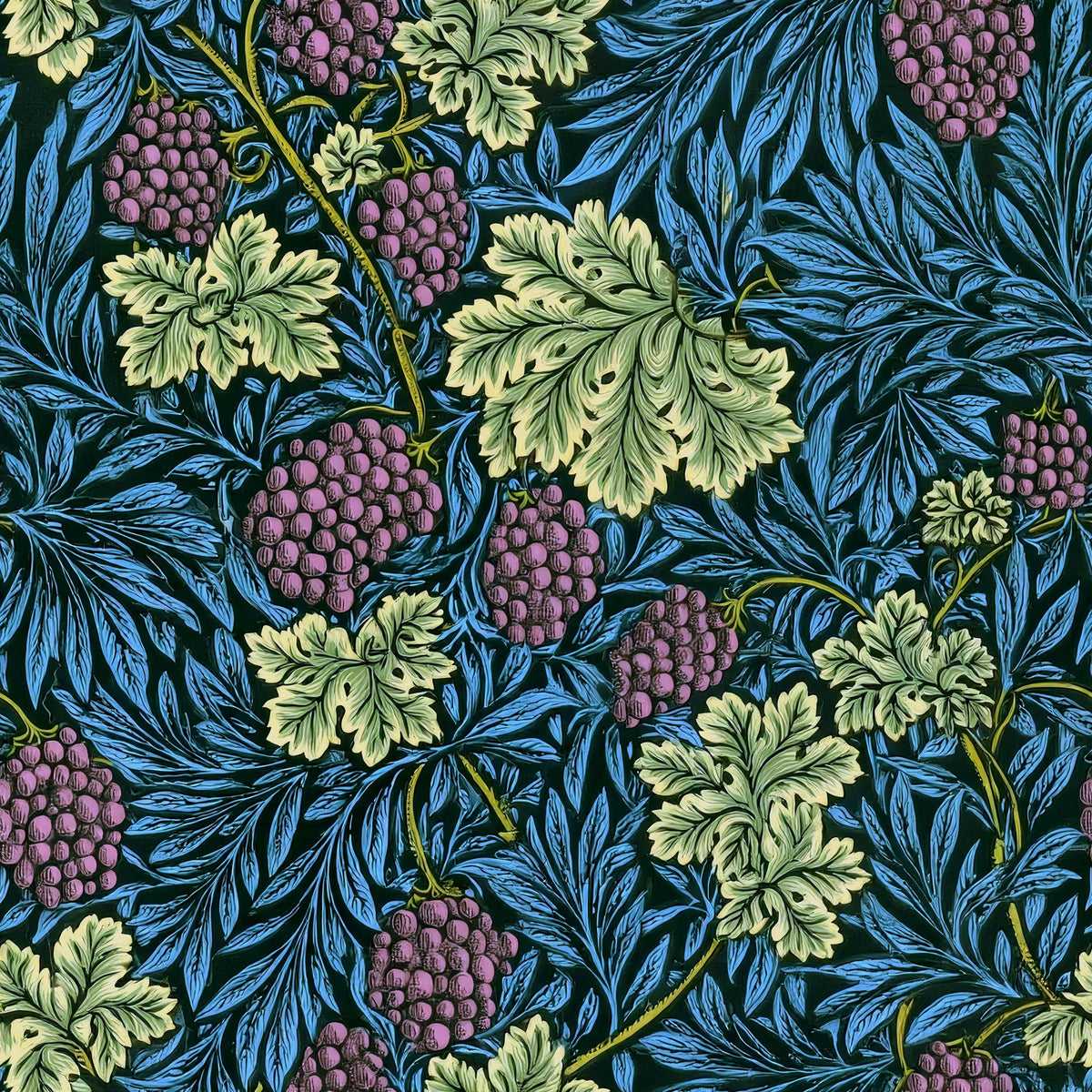 Plum grape clusters and olive vine leaves over a dark teal leafy ground, a William Morris design.