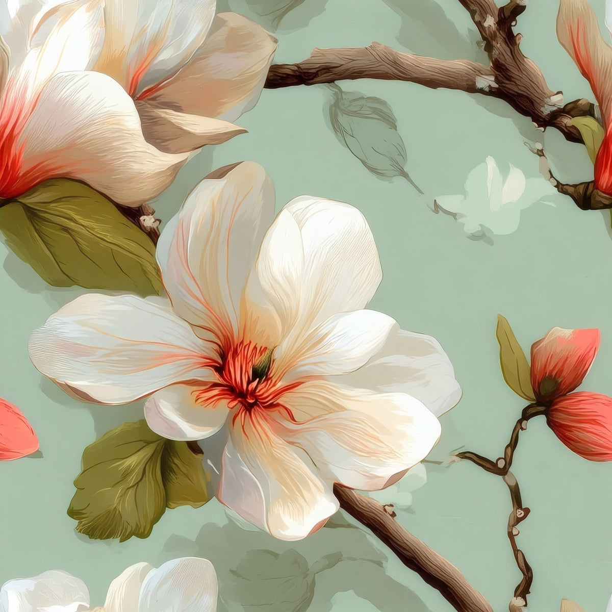 Vintage Magnolia large scale wallpaper pattern repeat