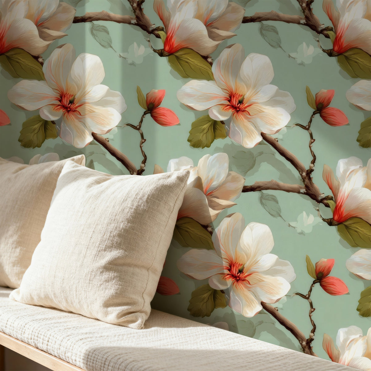Vintage Magnolia large scale wallpaper in a styled room