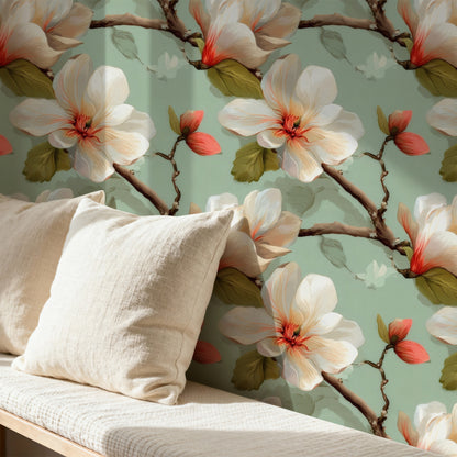 Vintage Magnolia large scale wallpaper in a styled room