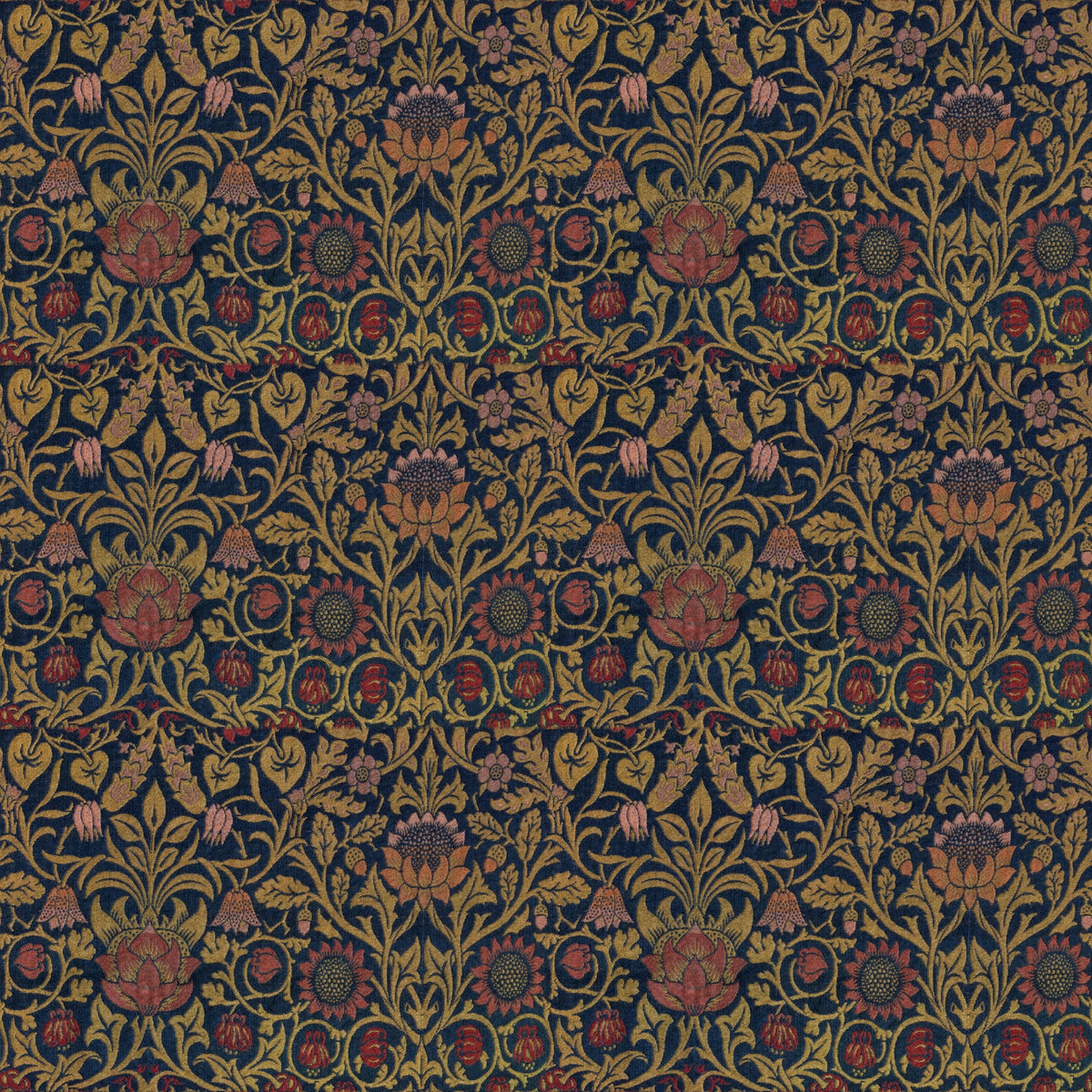 Deep red and gold flowers and twisting stems on a near-black navy ground, a William Morris design.