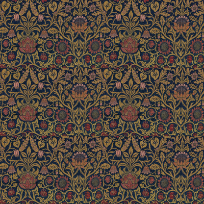 Deep red and gold flowers and twisting stems on a near-black navy ground, a William Morris design.