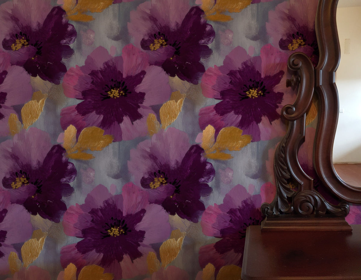 Violet Cosmos large scale wallpaper in a styled room