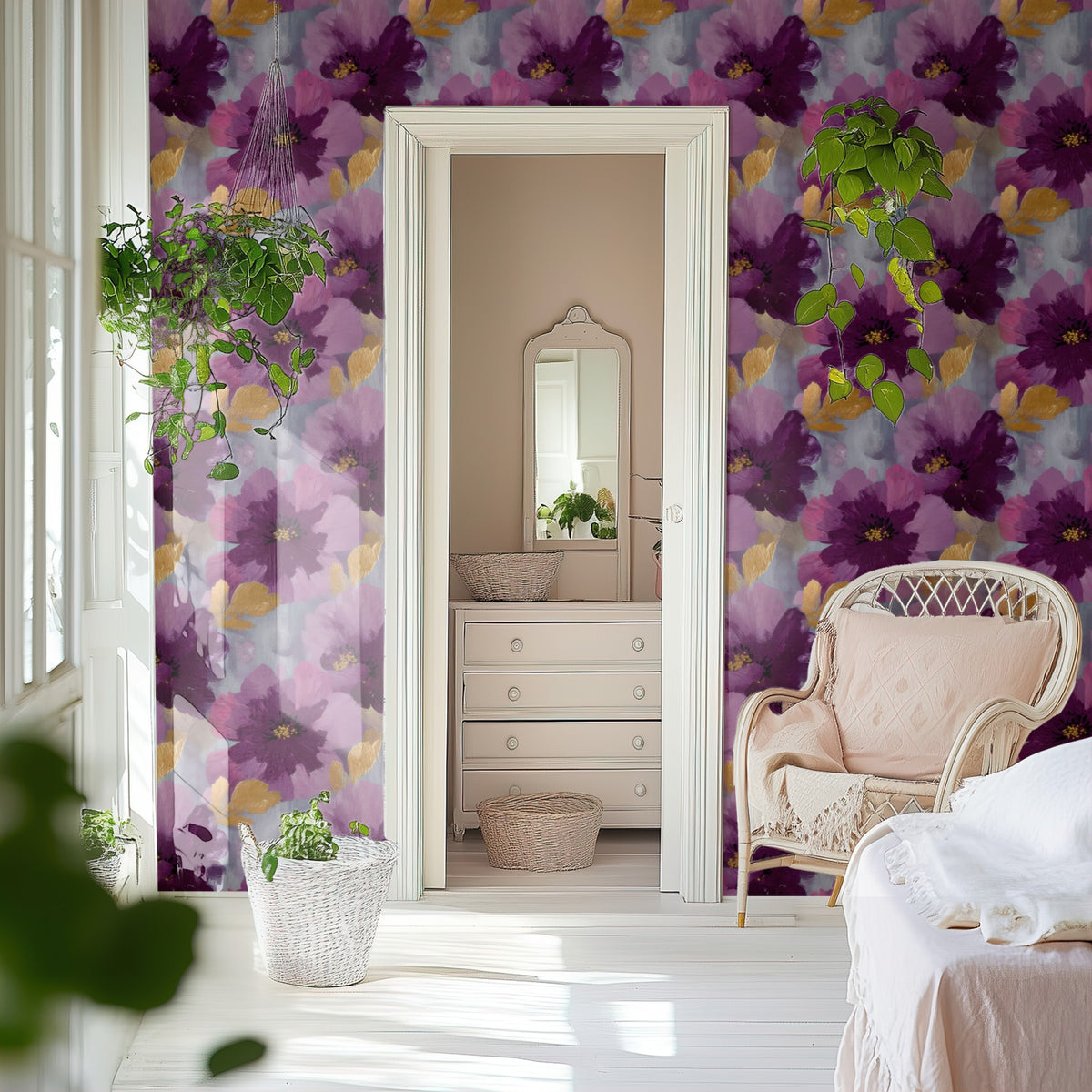 Violet Cosmos large scale wallpaper in a styled room