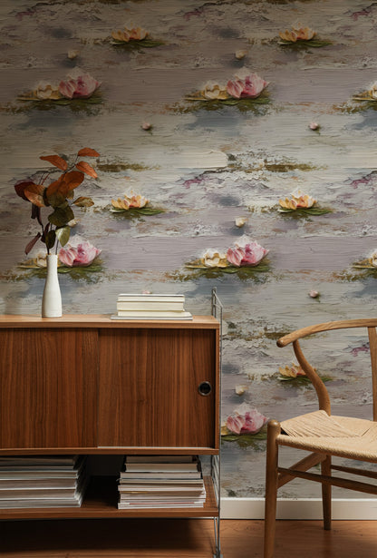 Water Lilies large scale wallpaper in a styled room