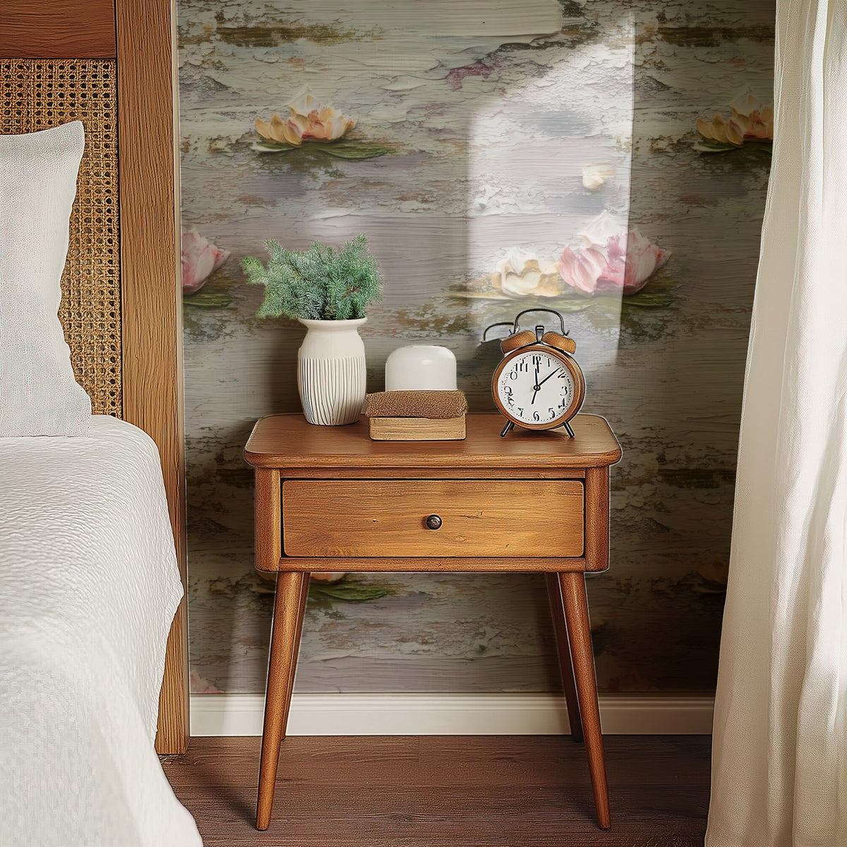 Water Lilies large scale wallpaper in a styled room