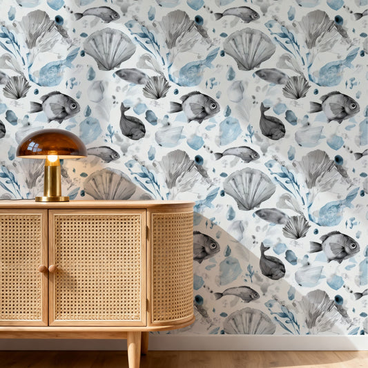 Watercolor Fish large scale wallpaper in a styled room