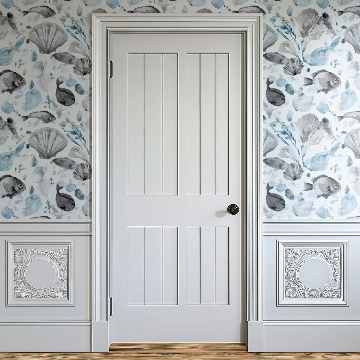 Watercolor Fish large scale wallpaper in a styled room