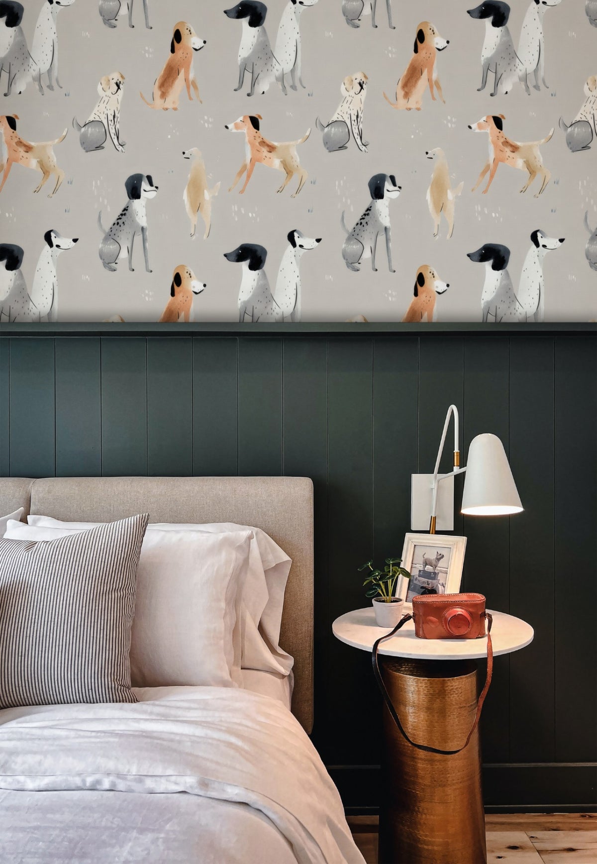 Watercolor Hounds large scale wallpaper in a styled room