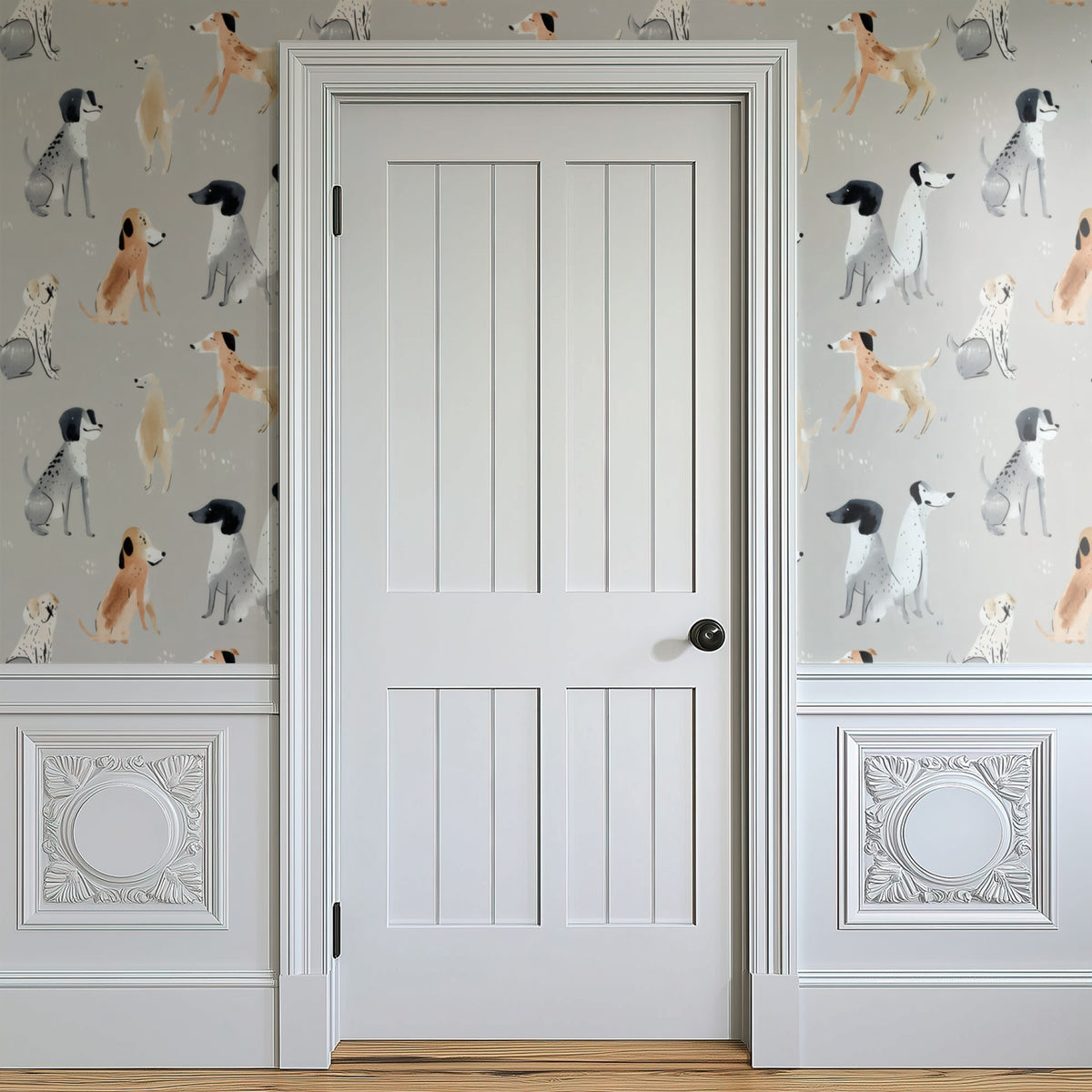 Watercolor Hounds large scale wallpaper in a styled room
