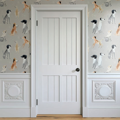 Watercolor Hounds large scale wallpaper in a styled room
