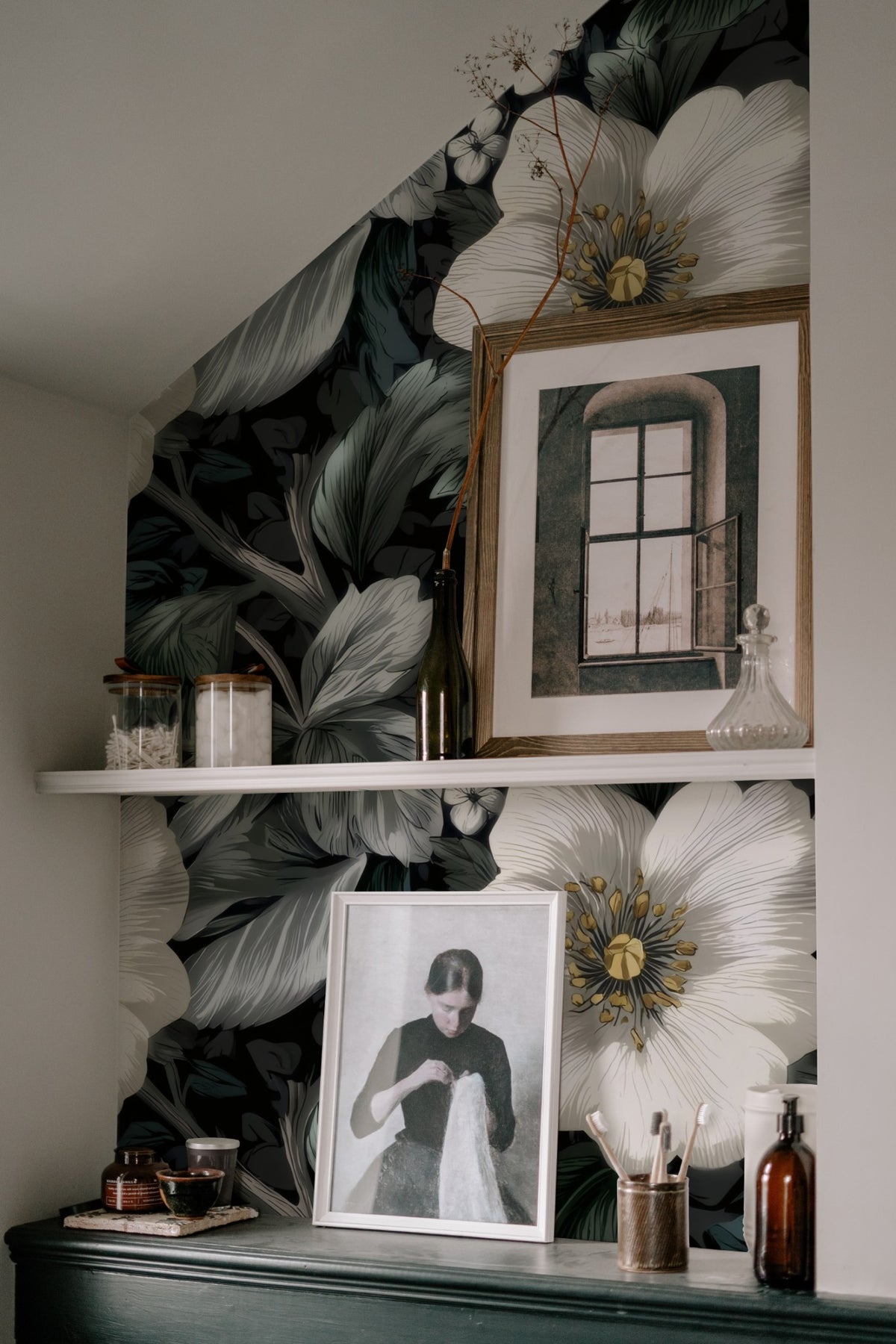 White Anemone large scale wallpaper in a styled room