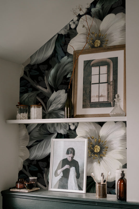 White Anemone large scale wallpaper in a styled room