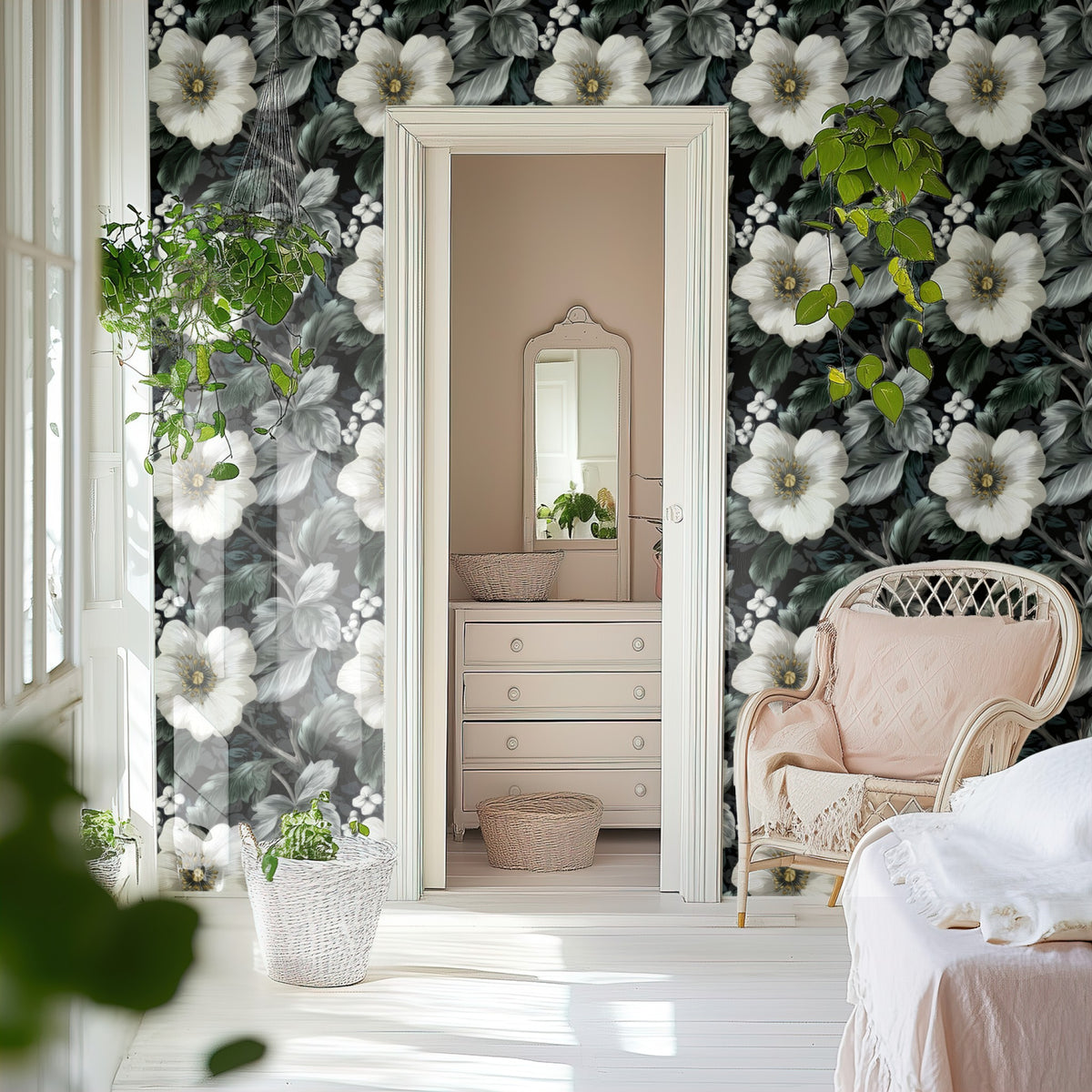White Anemone large scale wallpaper in a styled room