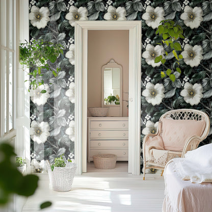 White Anemone large scale wallpaper in a styled room