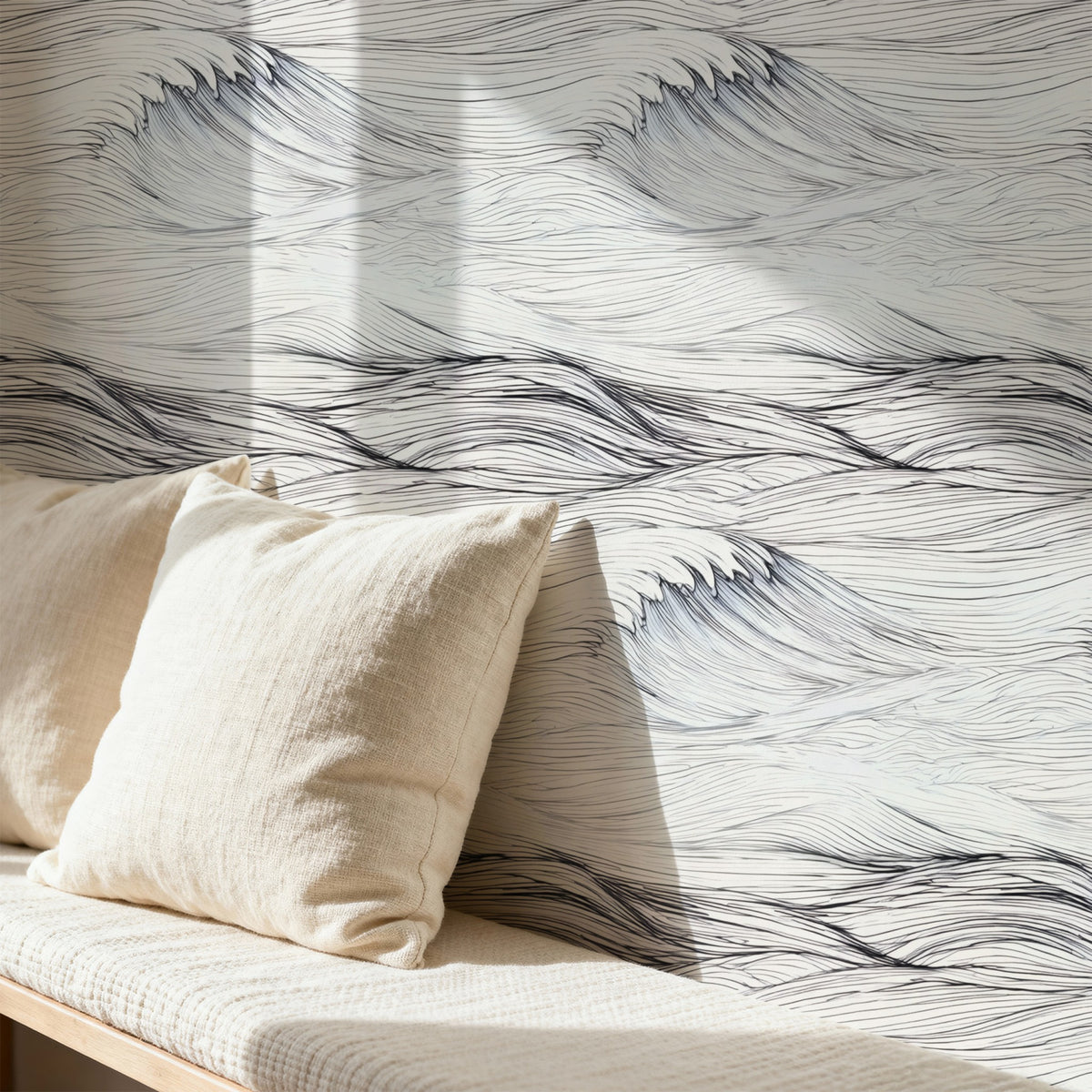 White Caps large scale wallpaper in a styled room