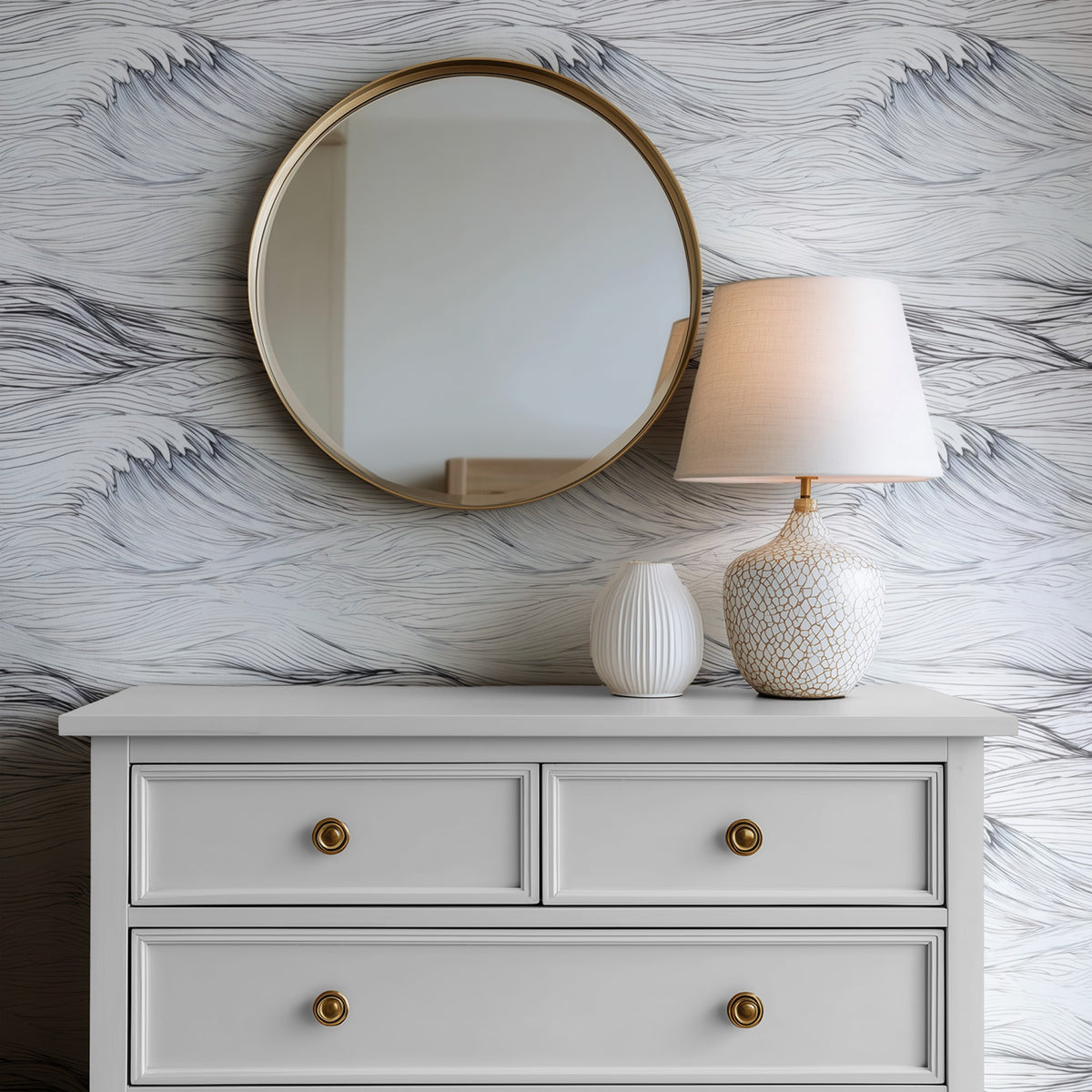 White Caps large scale wallpaper in a styled room