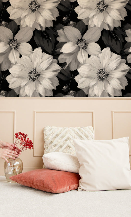 White Dahlia large scale wallpaper in a styled room