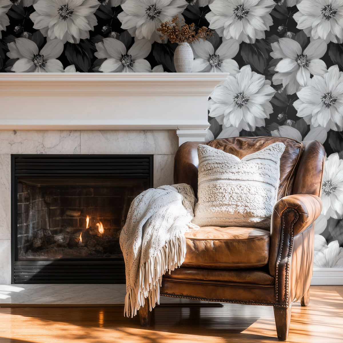 White Dahlia large scale wallpaper in a styled room