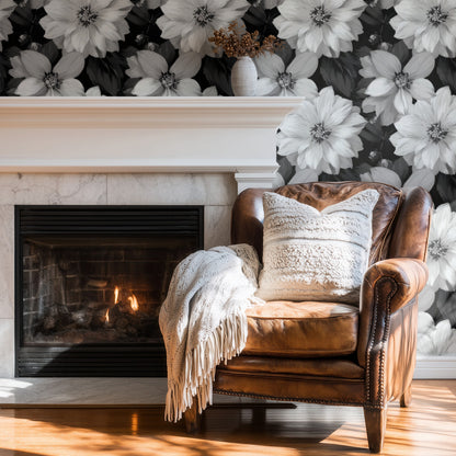White Dahlia large scale wallpaper in a styled room