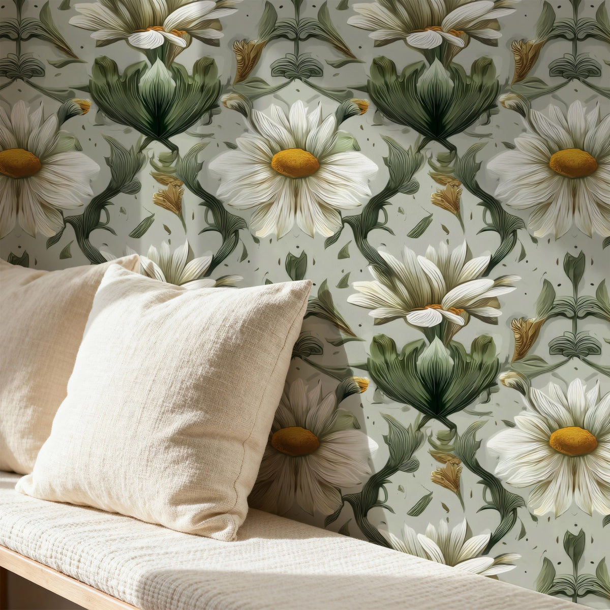 White Daisy large scale wallpaper in a styled room