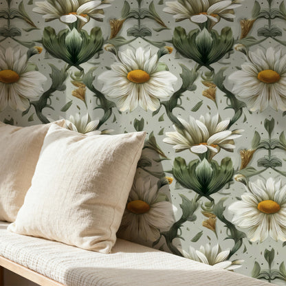 White Daisy large scale wallpaper in a styled room