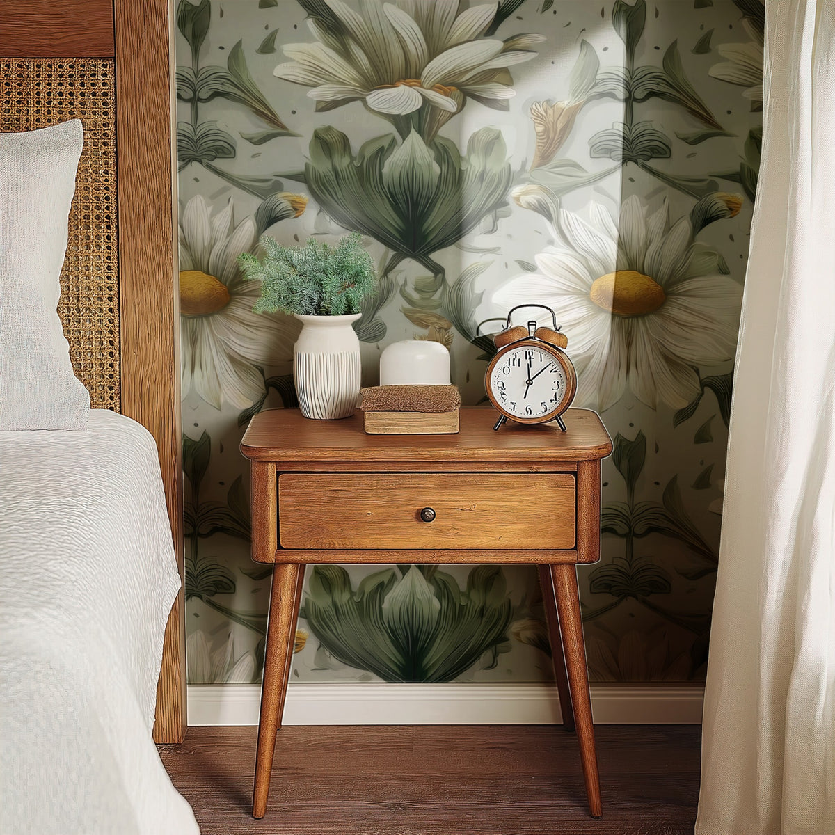 White Daisy large scale wallpaper in a styled room