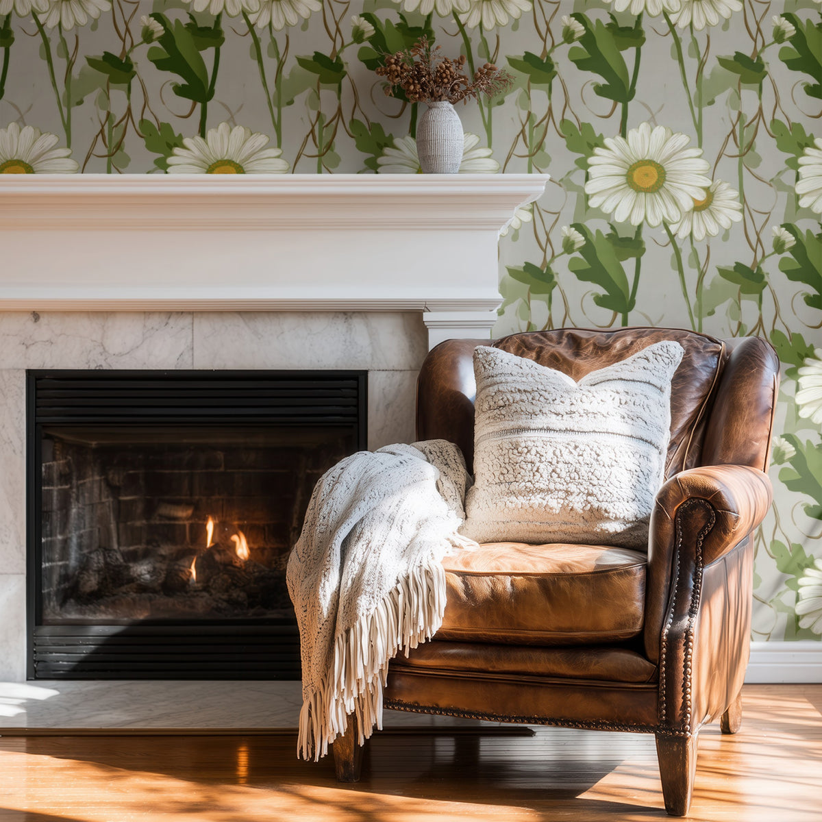 White Meadow large scale wallpaper in a styled room