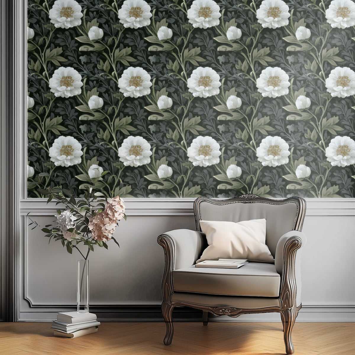 White Peony large scale wallpaper in a styled room
