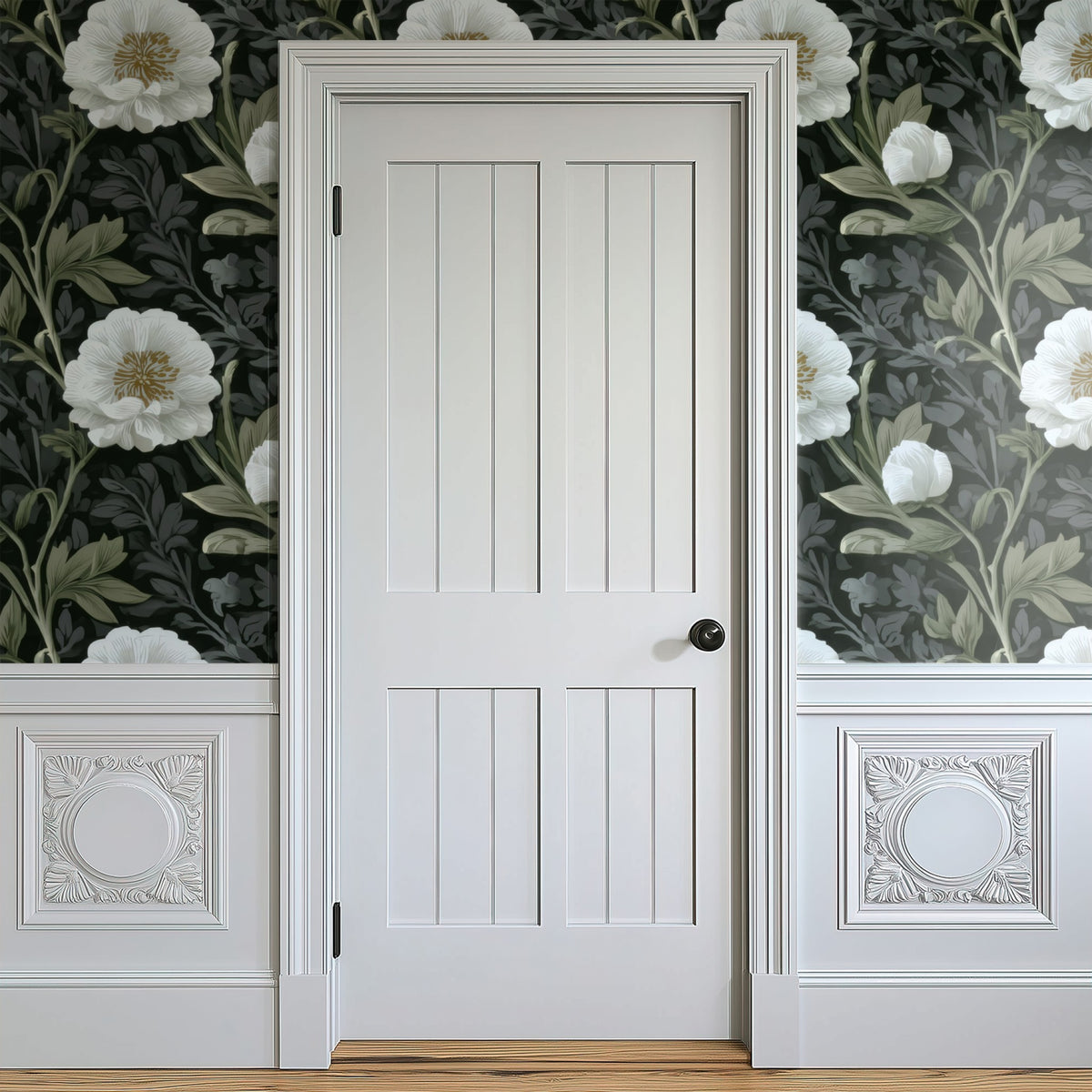 White Peony large scale wallpaper in a styled room