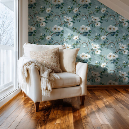 Wild Rose large scale wallpaper in a styled room