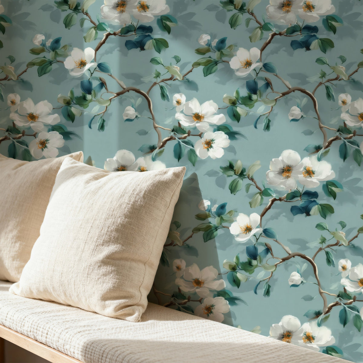 Wild Rose large scale wallpaper in a styled room