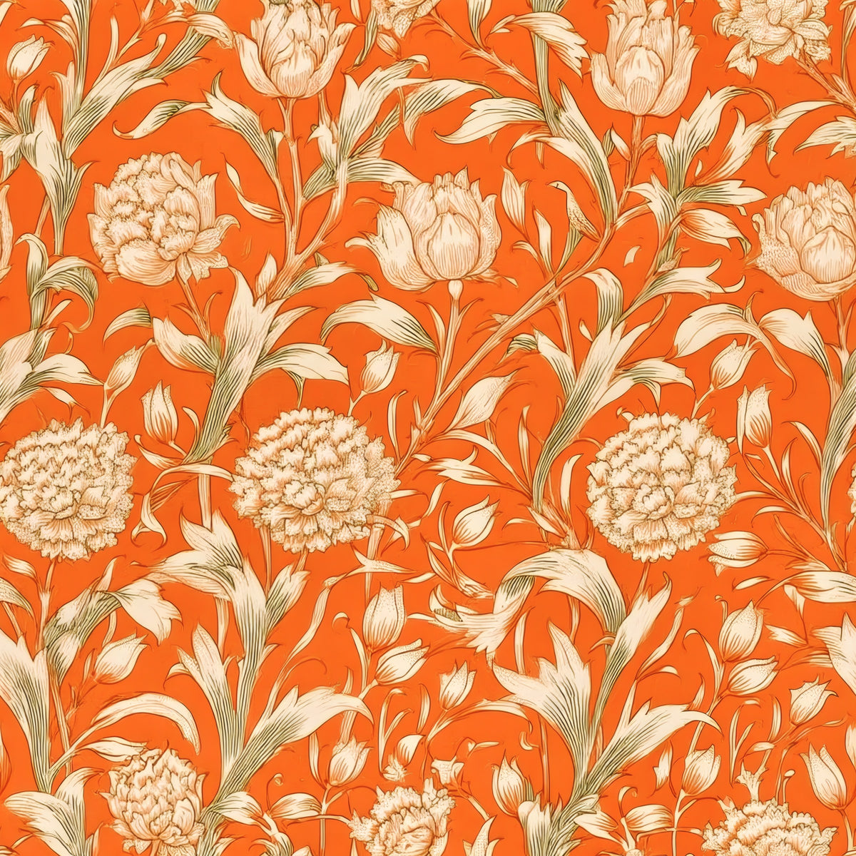 Cream tulips and peonies on fine stems over a vivid red ground, a William Morris design.