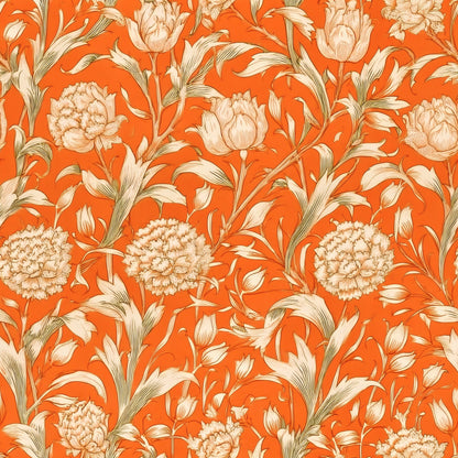 Cream tulips and peonies on fine stems over a vivid red ground, a William Morris design.