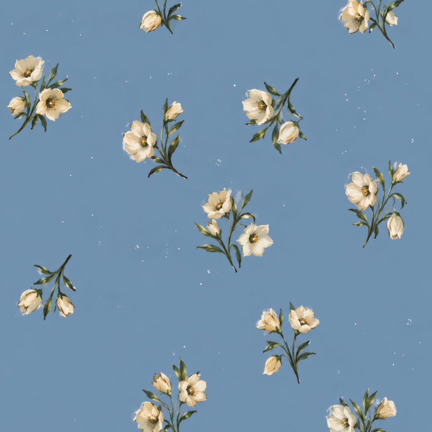 Cream wildflower sprigs scattered across a soft dusty-blue ground in a delicate painterly ditsy wallpaper.