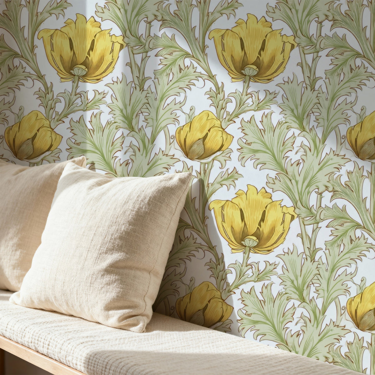 William Morris Anemone Yellow large scale wallpaper in a styled room