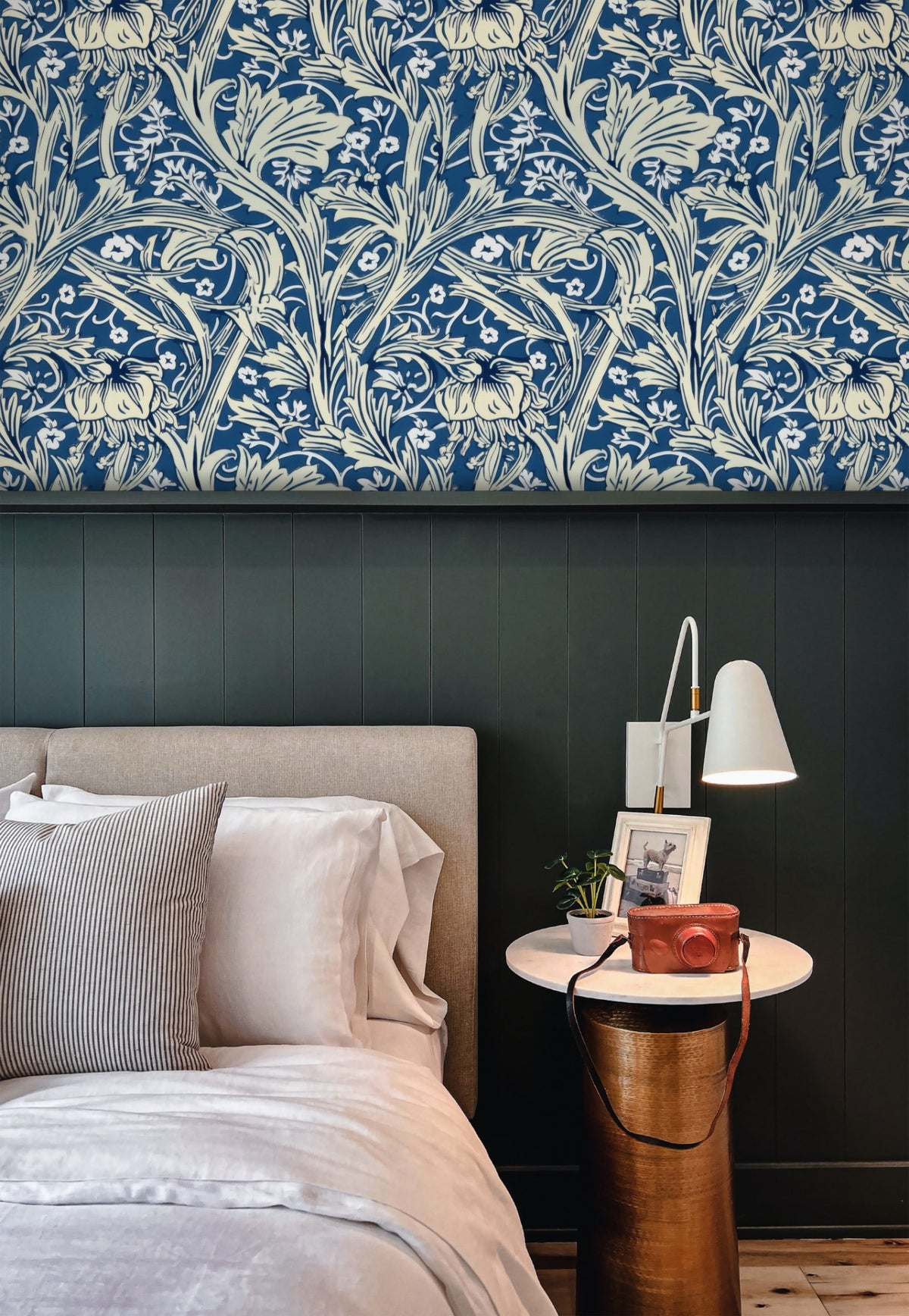 William Morris Arcadia Blue large scale wallpaper in a styled room