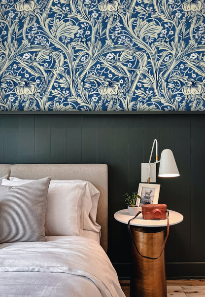 William Morris Arcadia Blue large scale wallpaper in a styled room