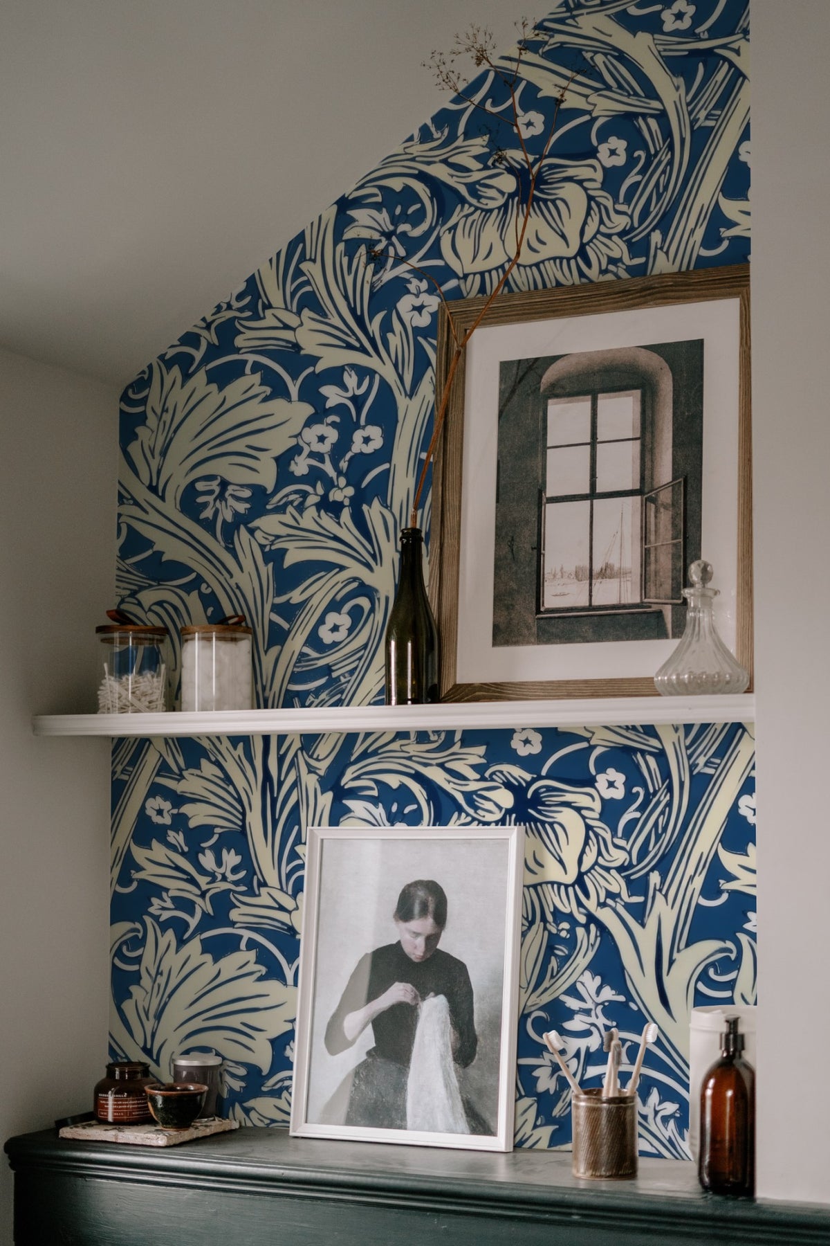 William Morris Arcadia Blue large scale wallpaper in a styled room
