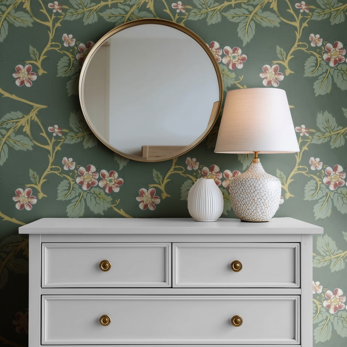 William Morris Blackberry Green large scale wallpaper in a styled room