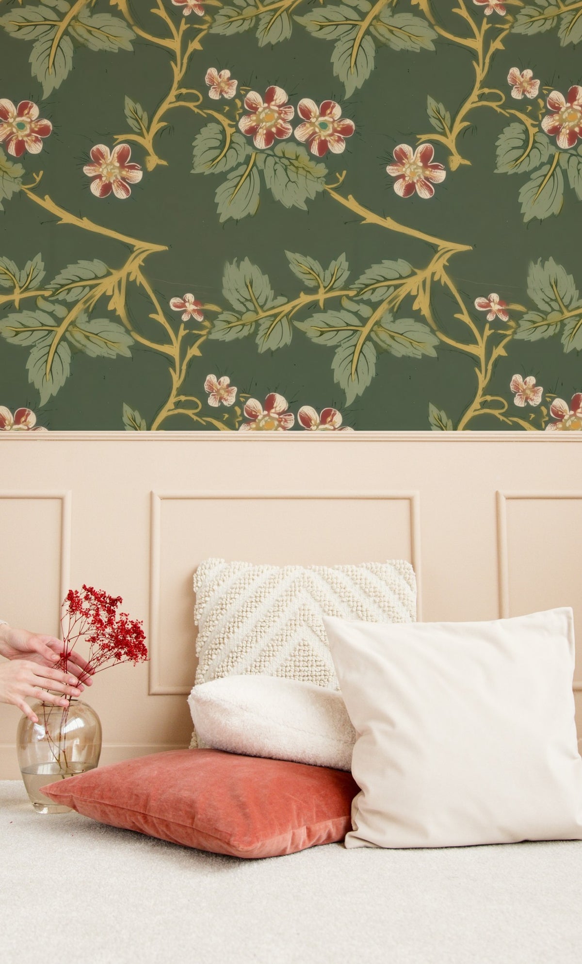 William Morris Blackberry Green large scale wallpaper in a styled room