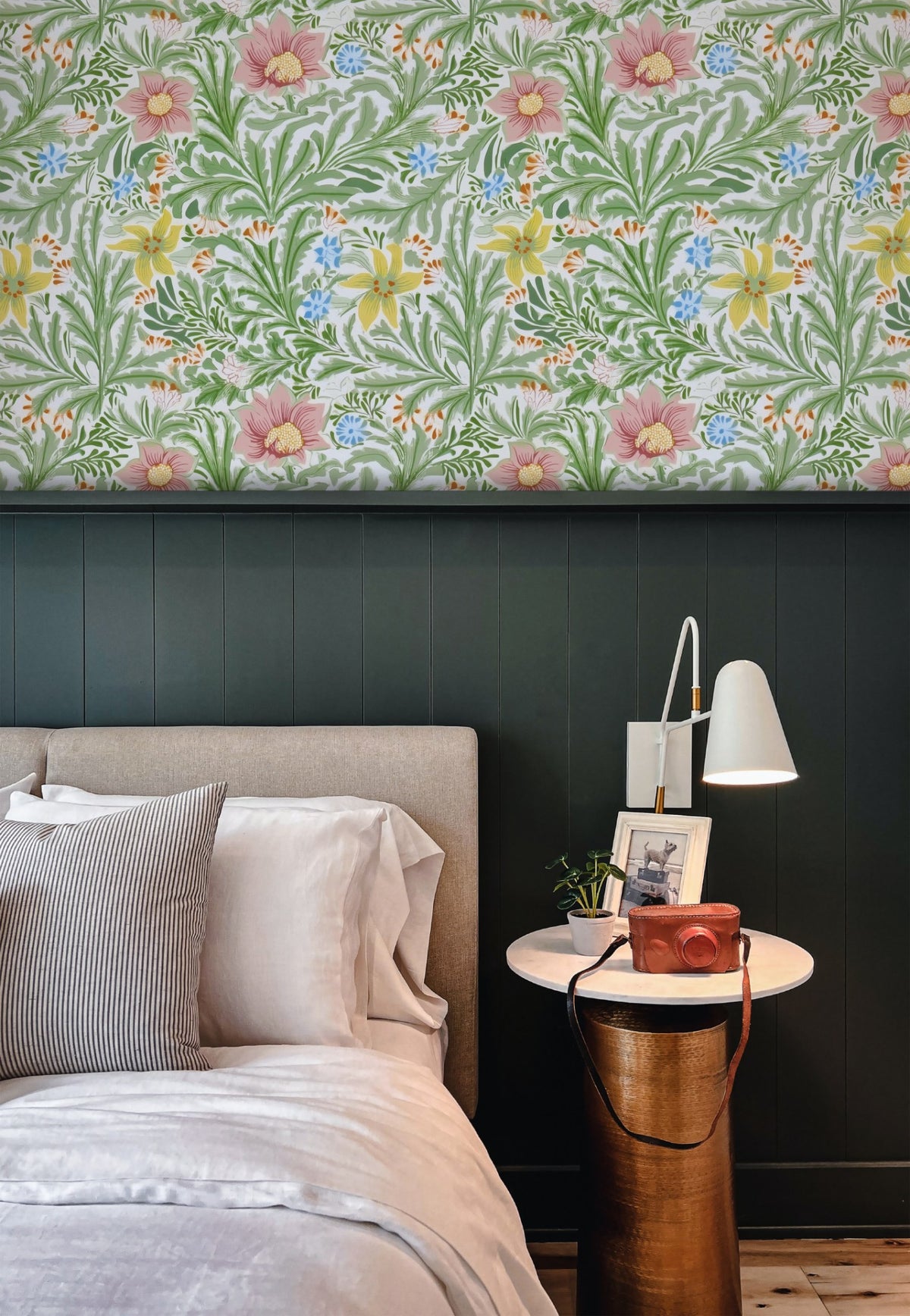 William Morris Bower Green large scale wallpaper in a styled room