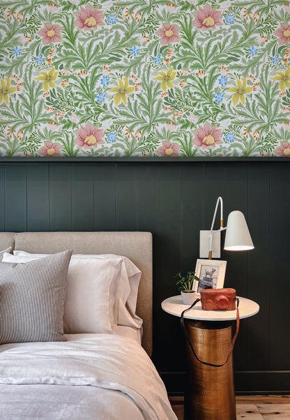 William Morris Bower Green large scale wallpaper in a styled room
