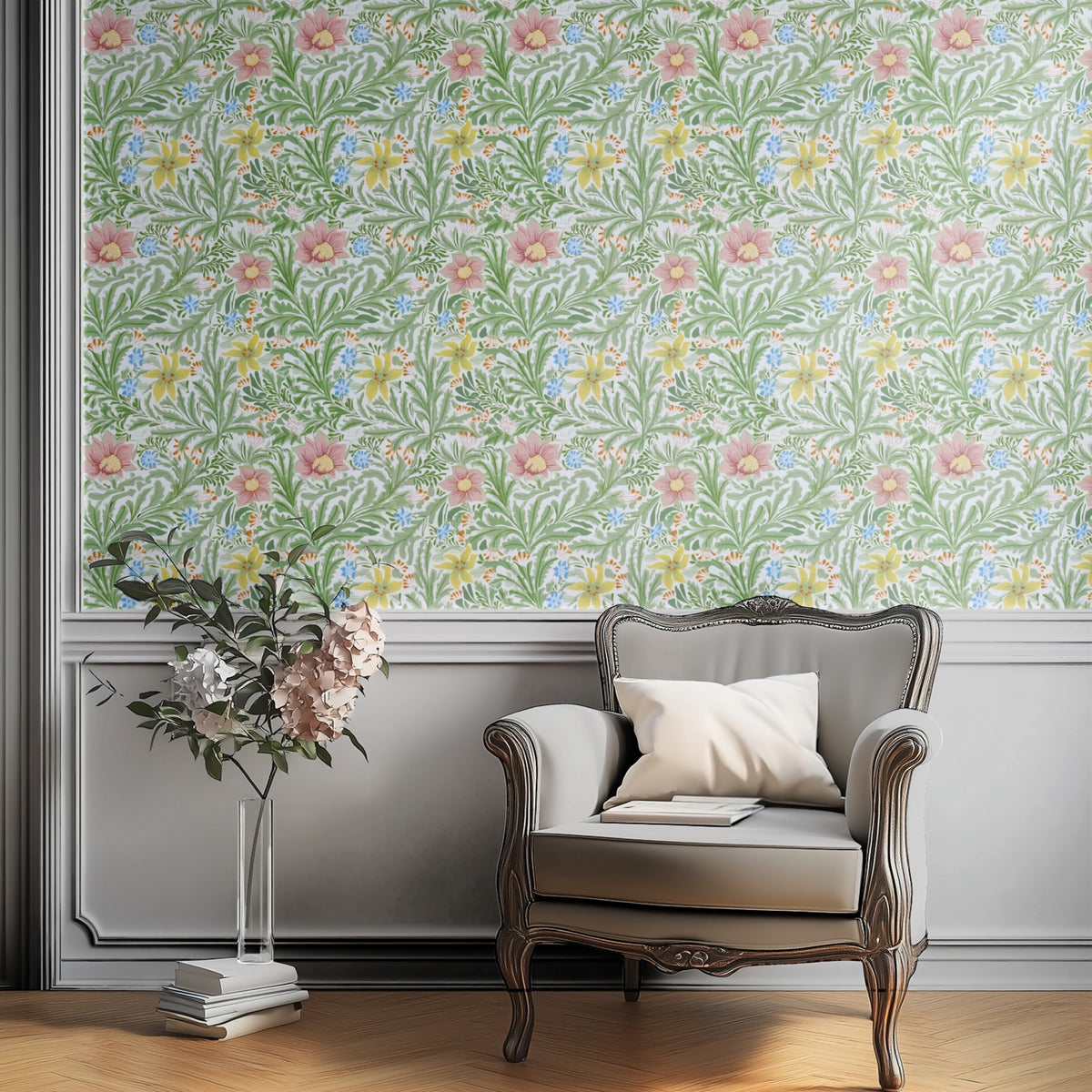 William Morris Bower Green large scale wallpaper in a styled room