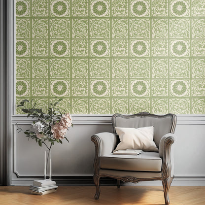 William Morris Diaper Green large scale wallpaper in a styled room